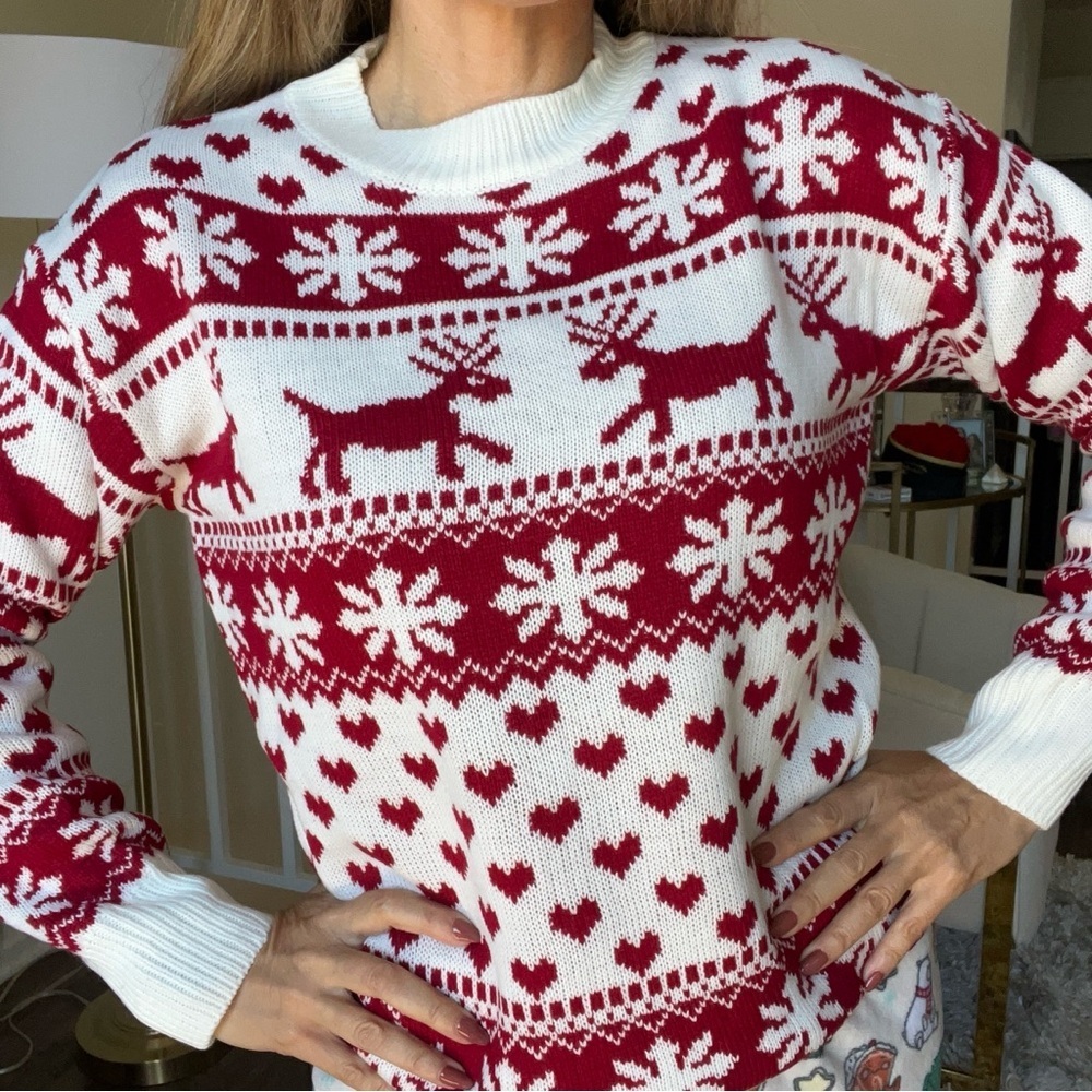 NWOT Christmas Holiday Ugly Sweater Raindeer Knit Cardigan White Red Cold Snow M - Picture 5 of 13